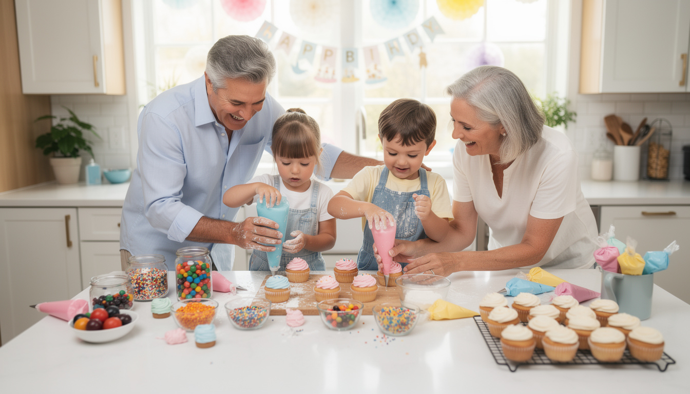 vivez des moments inoubliables en cuisine en décorant des cupcakes avec les enfants lors d'une fête d'anniversaire pleine de joie et de créativité.