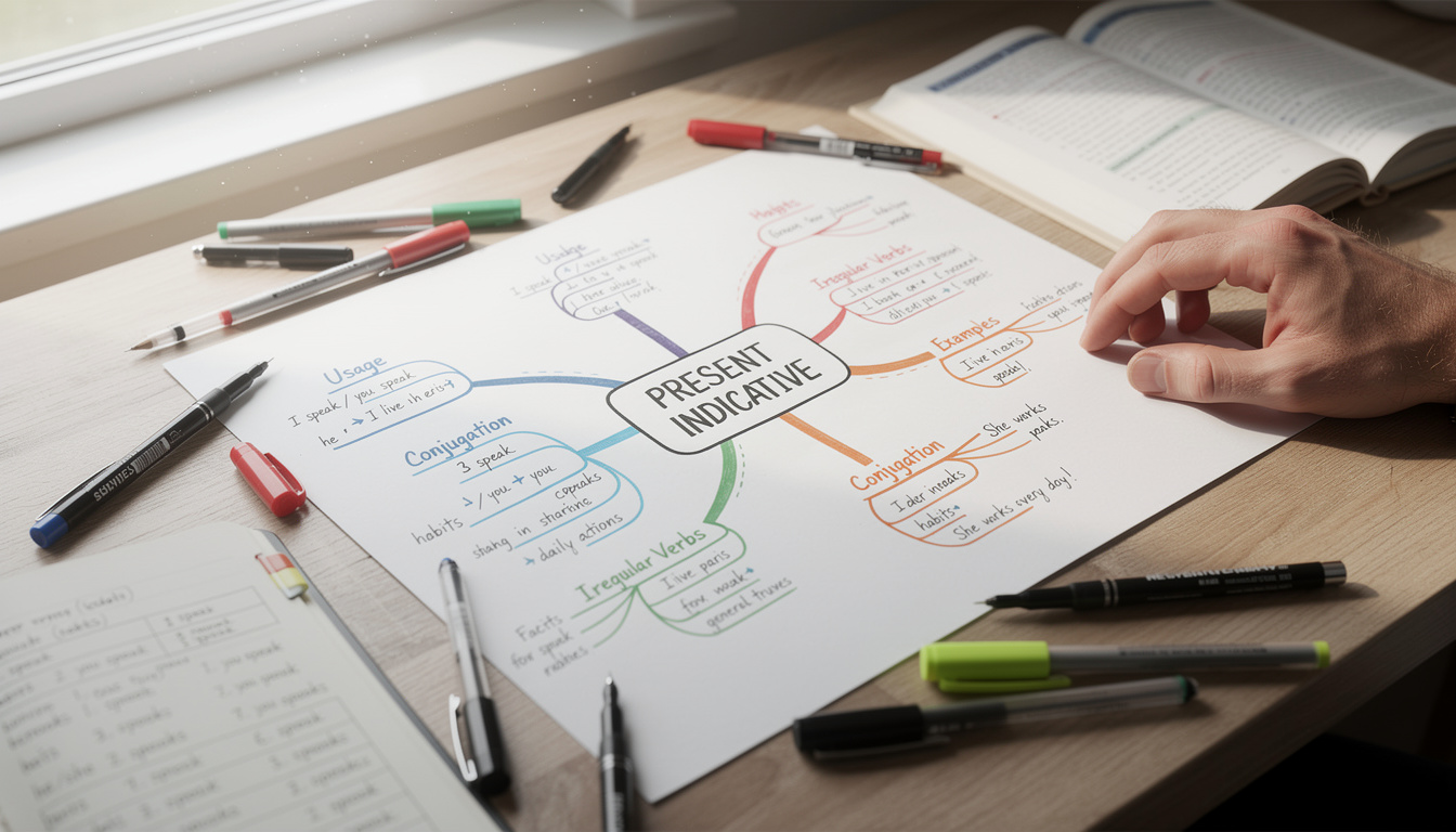 améliorez votre maîtrise du présent de l'indicatif grâce à une carte mentale claire et efficace pour développer vos compétences linguistiques en français.