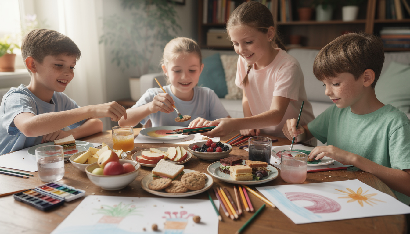 un goûter participatif entre jeunes copains, alliant partage et créativité pour des moments conviviaux et joyeux.