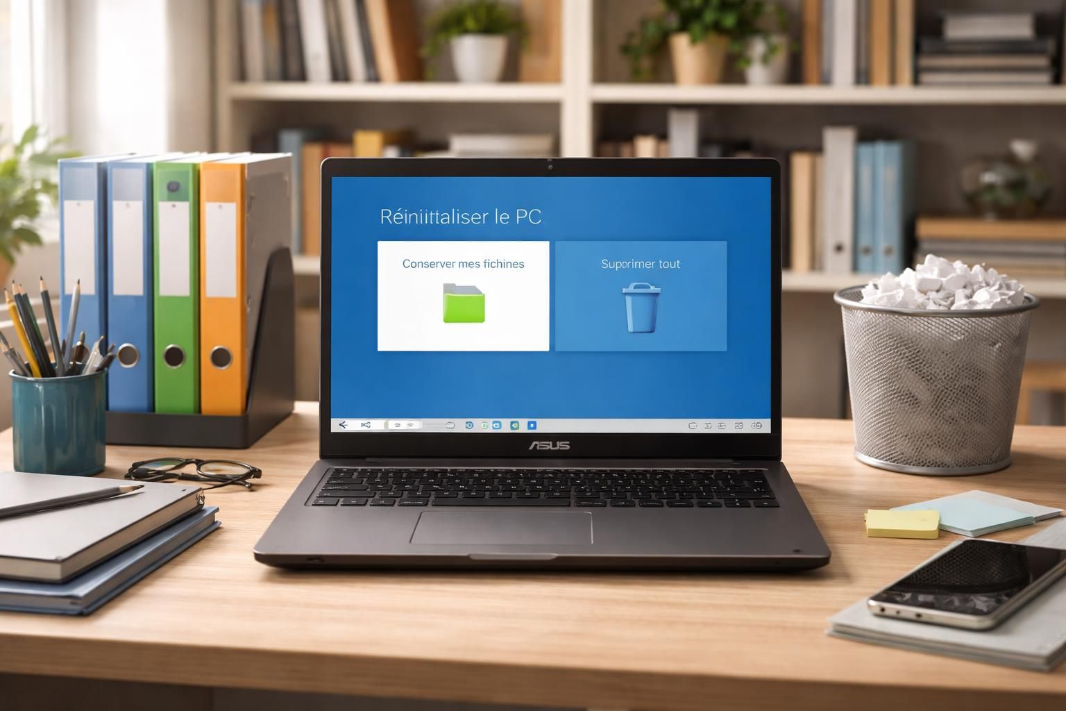 découvrez comment réinitialiser votre appareil asus tout en choisissant de conserver vos fichiers scolaires ou de tout effacer pour un appareil comme neuf.