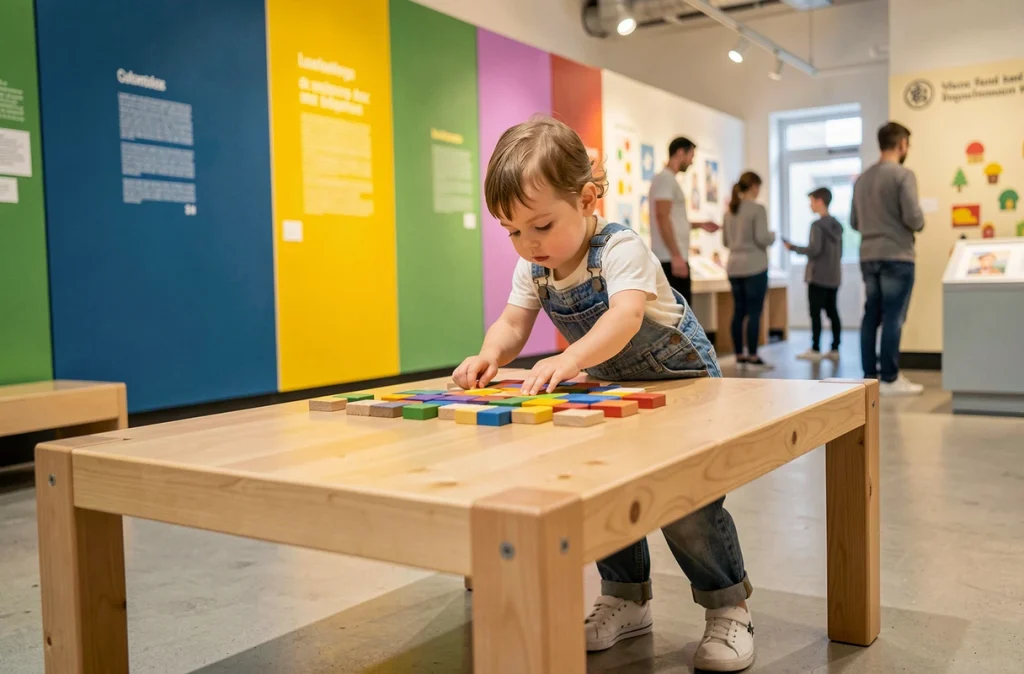 Tout-petit jouant avec des puzzles en bois dans un musée pour enfants à Paris le dimanche
