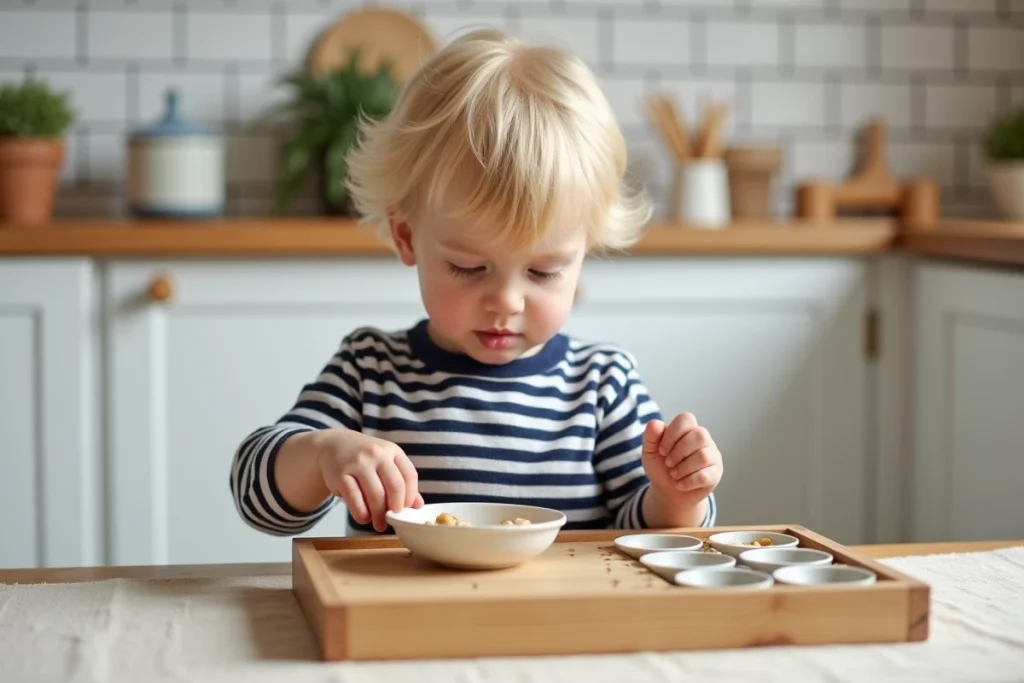 Tout-petit de 2 ans qui transfère des pois chiches avec sa pince pouce-index dans un bac à muffins, activité Montessori de motricité fine
