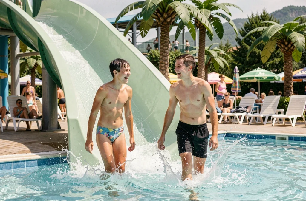 Adolescents dévalant un toboggan aquatique à Aquafolies dans l'Ain