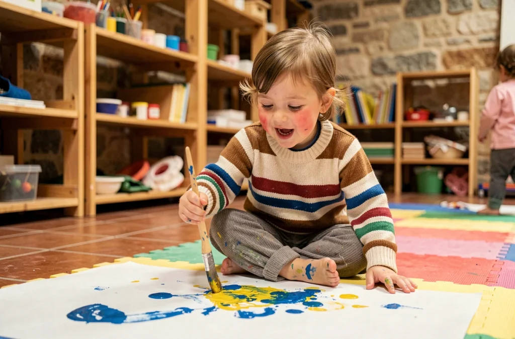 Enfant de 3 ans peignant lors d'un atelier créatif du dimanche à Paris