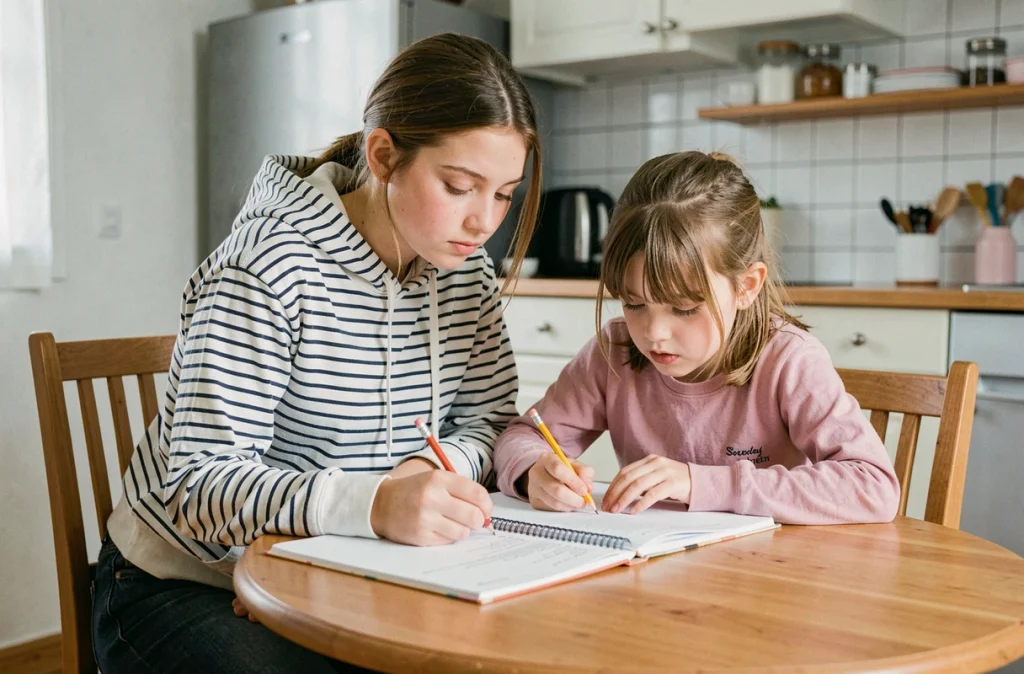Adolescente baby-sitter aidant une fillette à faire ses devoirs dans une cuisine de maison, représentant la garde d'enfants en banlieue