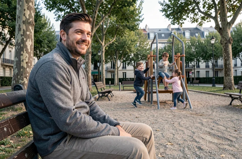Baby-sitter masculin surveillant des enfants dans un parc urbain français, illustrant le tarif moyen d'une garde d'enfants en ville