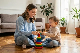 Jeune baby-sitter jouant avec un enfant en bas âge dans un appartement parisien, illustrant le coût d'une garde à domicile en ville