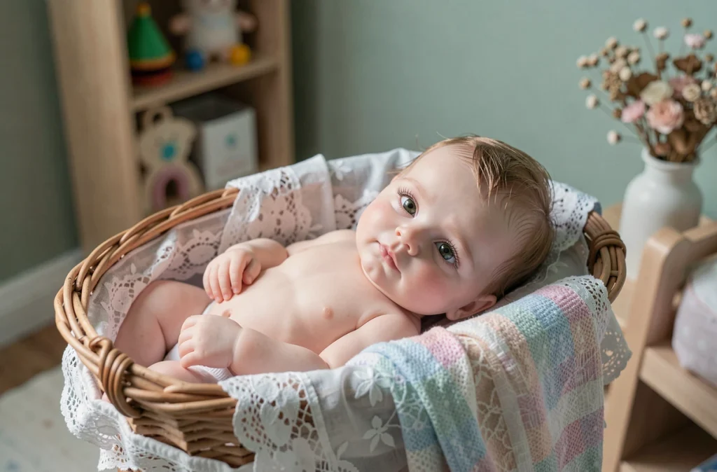 Bébé reborn fille très réaliste allongé dans un berceau en osier avec dentelle blanche et couverture pastel