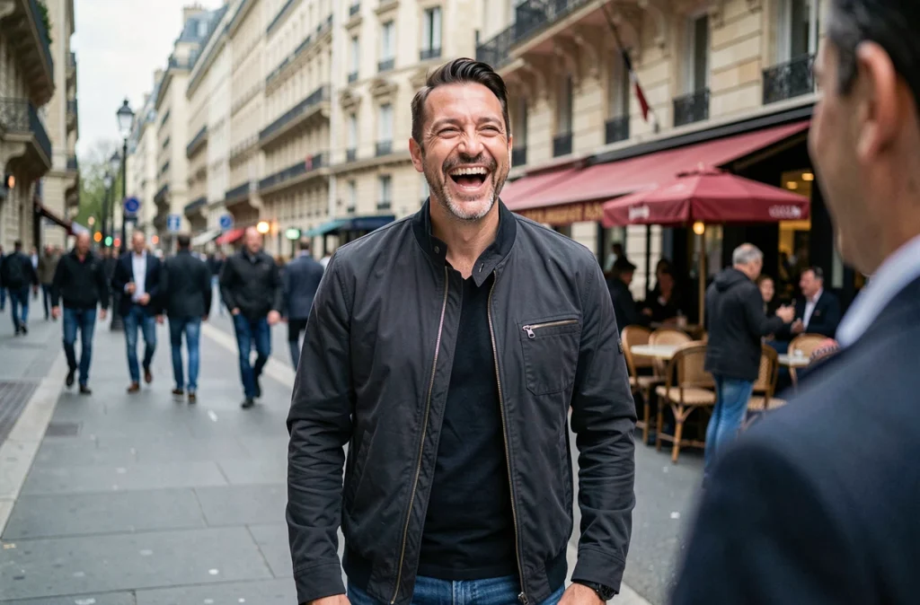 Homme célèbre souriant dans une rue parisienne animée, la présence de sa compagne suggérée hors-champ, évoquant la discrétion de sa vie amoureuse