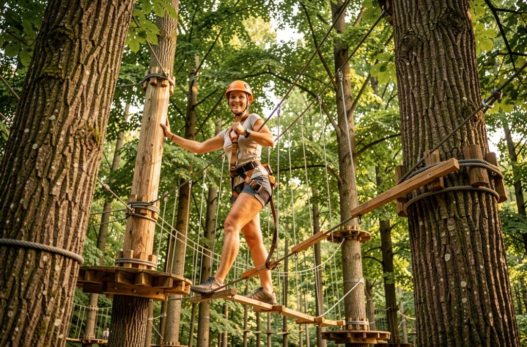 Femme en parcours accrobranche dans la forêt à Branche Évasion dans l'Ain