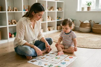 Femme et enfant explorant des cartes de vocabulaire Montessori bilingues français-anglais sur un plancher en bois