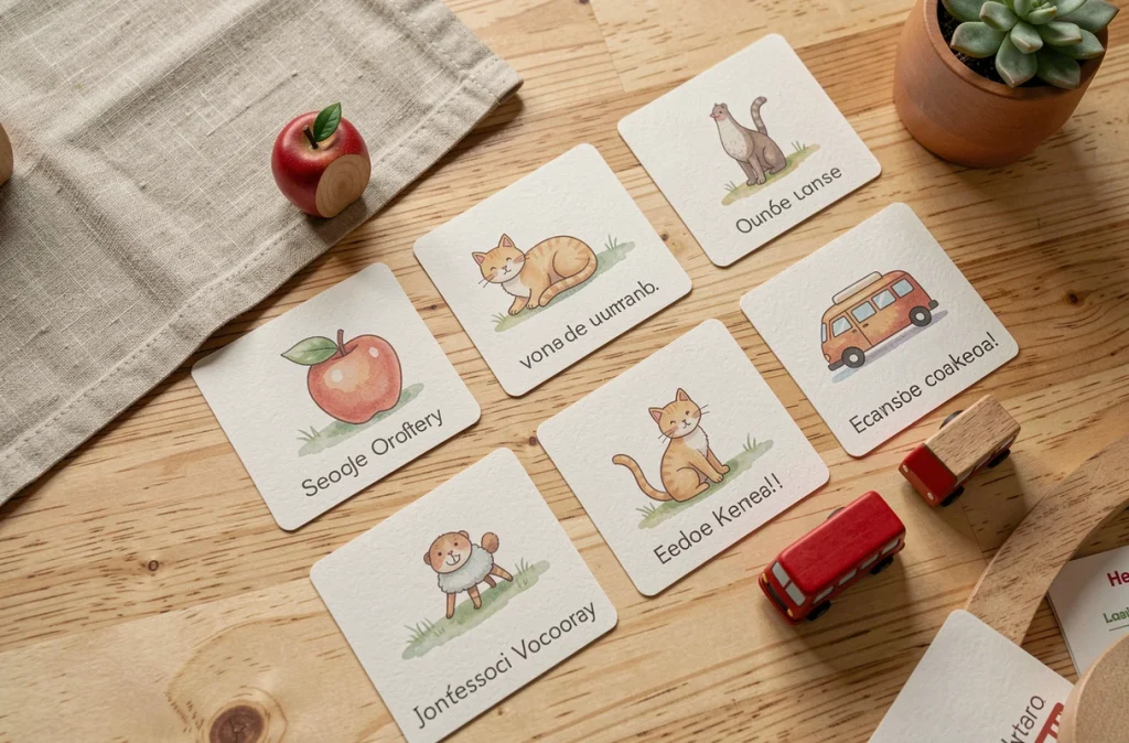 Vue aérienne de cartes Montessori bilingues français-anglais disposées sur une table en bois avec des figurines assorties