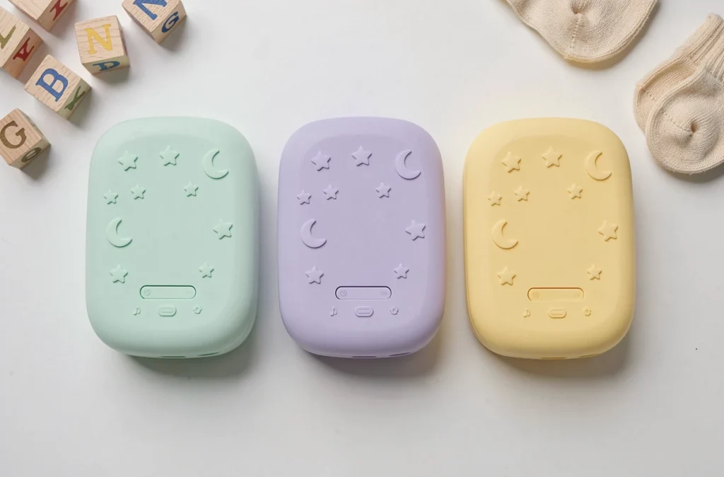 Comparatif de trois veilleuses musicales bébé pas chères en couleurs pastel sur fond blanc