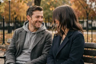 Couple anonyme partageant un moment complice sur un banc parisien, visage de la femme dissimulé, illustrant la discrétion de la vie privée