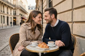 Couple amoureux savourant un café en terrasse parisienne le matin, ambiance romantique en Île-de-France