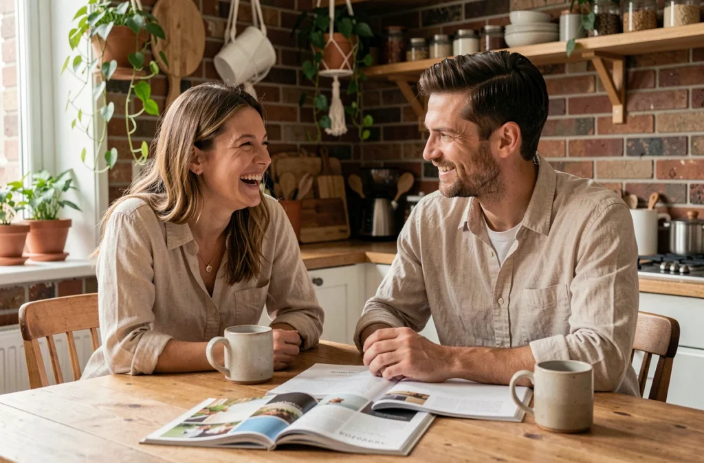 Couple partageant un moment complice à la maison, illustrant l'influence de la vie de couple sur l'épanouissement professionnel