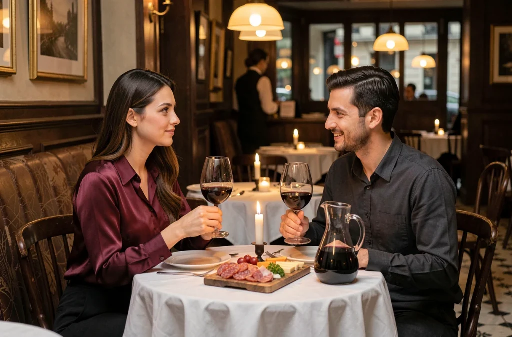 Couple dînant de façon romantique dans un bistrot parisien le soir, soirée en amoureux en Île-de-France