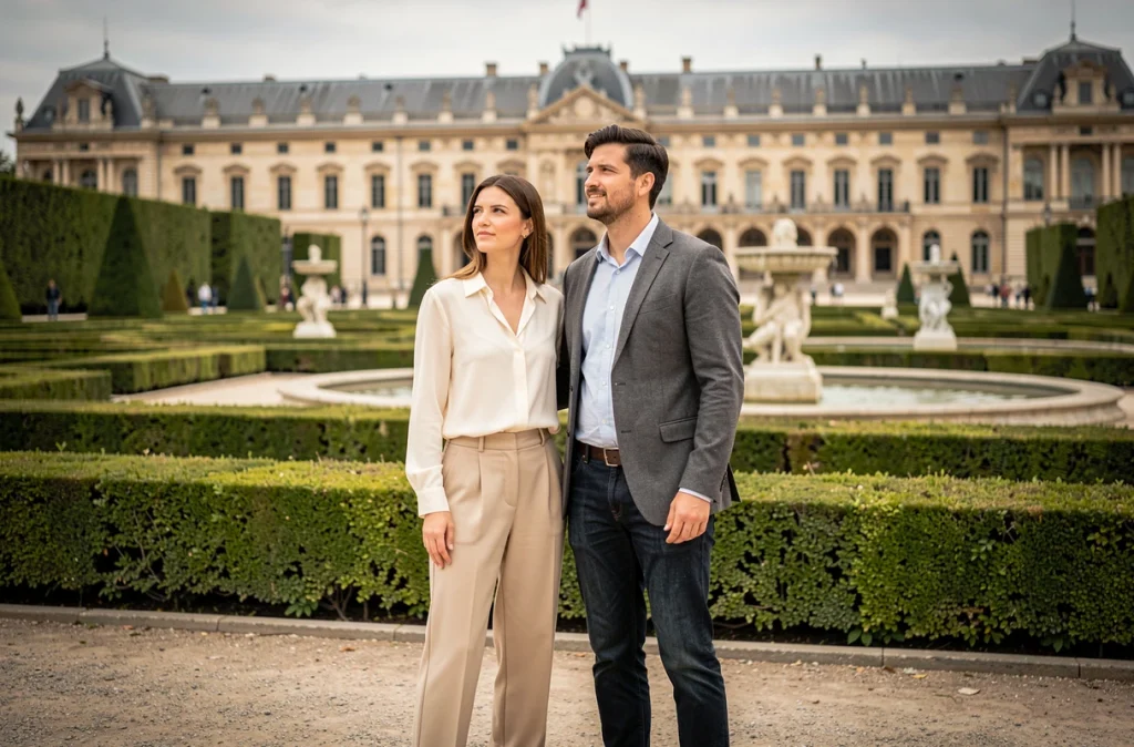 Couple en amoureux visitant les jardins du château de Versailles, escapade romantique en Île-de-France
