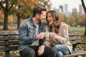 Couple partageant un café dans un parc urbain, loin de la pression médiatique, dans un moment de complicité authentique