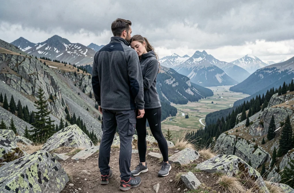 Couple en montagne contemplant une vallée ensemble, symbolisant la solidarité et l'évasion loin de la pression médiatique