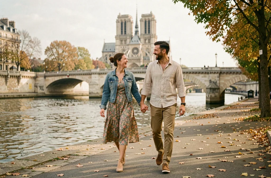 Couple se promenant main dans la main sur les bords de Seine à Paris en automne, balade romantique en Île-de-France