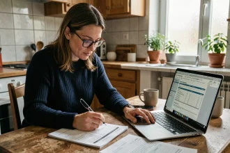 Mère de famille consultant sa déclaration fiscale à la cuisine pour déduire les frais de cantine scolaire