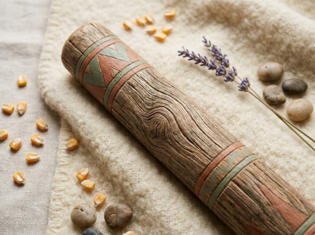 Détail artisanal d'un bâton de pluie en bois avec motifs géométriques sur fond de laine crème