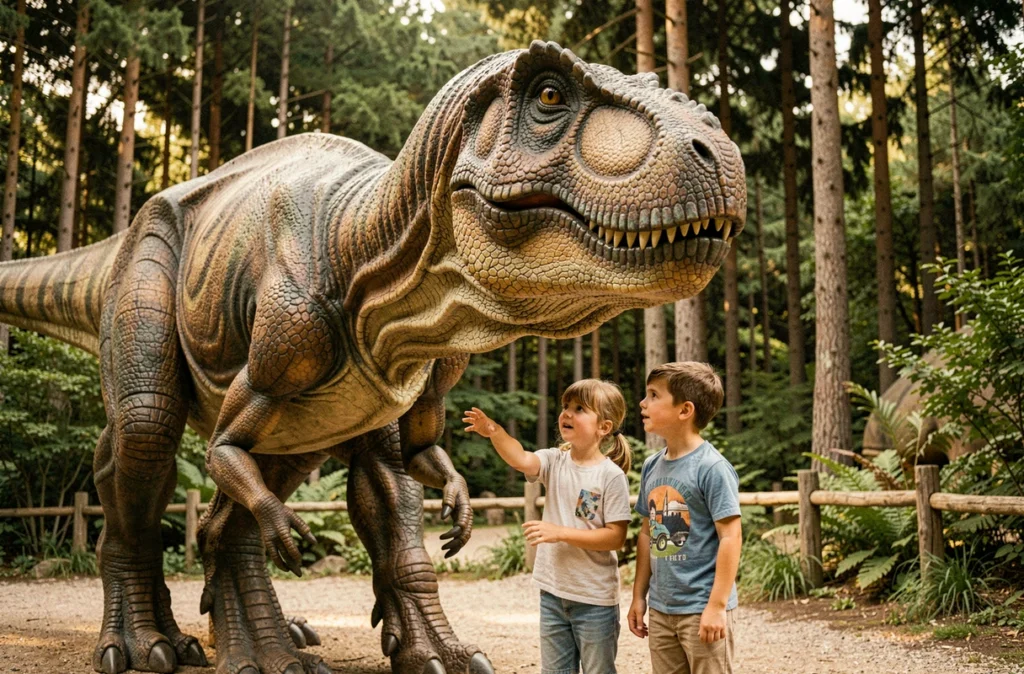 Enfants découvrant une sculpture de dinosaure grandeur nature à Dinoplagne dans l'Ain