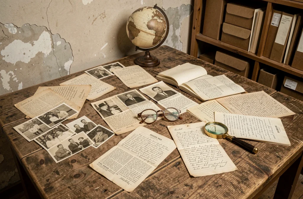 Collection de documents d'archives vintage, photographies en noir et blanc et journaux anciens étalés sur une table en chêne, illustrant les recherches biographiques non officielles sur Lynn Noe