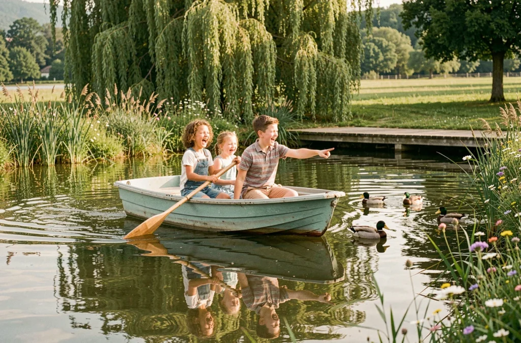 Famille en pédalo sur le plan d'eau du Domaine de la Dombes dans l'Ain