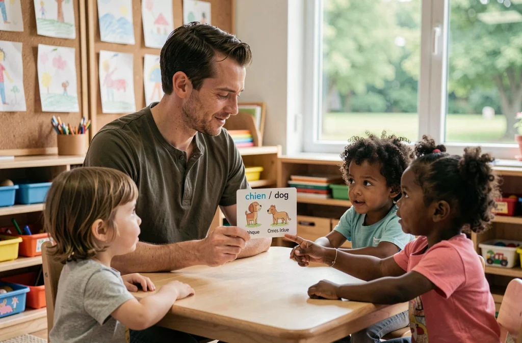 Éducateur montrant une carte de vocabulaire bilingue français-anglais à des enfants dans une salle de classe Montessori