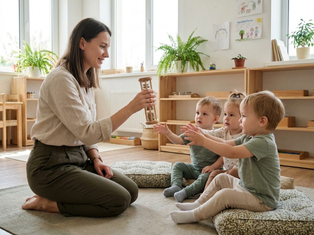 Éducatrice Montessori présentant un bâton de pluie en bois à de jeunes enfants en salle de classe