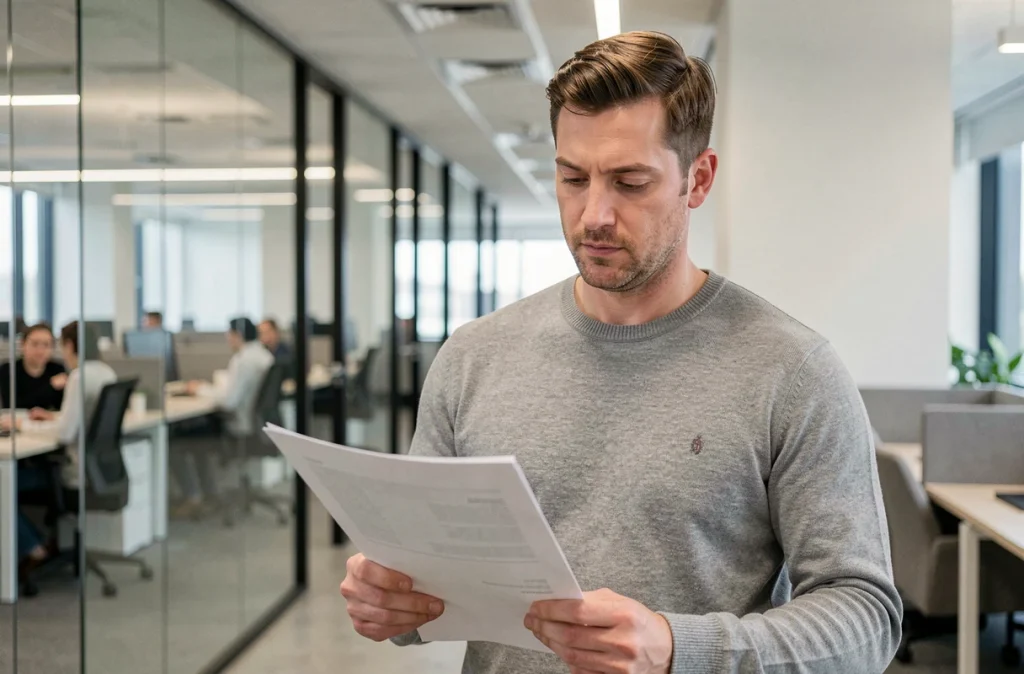Employé père de famille consultant sa lettre de congé parental dans un environnement professionnel