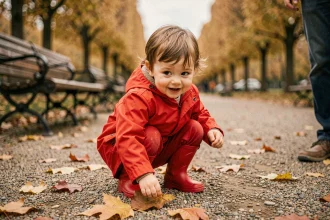 Enfant de 3 ans explorant les feuilles d'automne dans un jardin parisien le dimanche