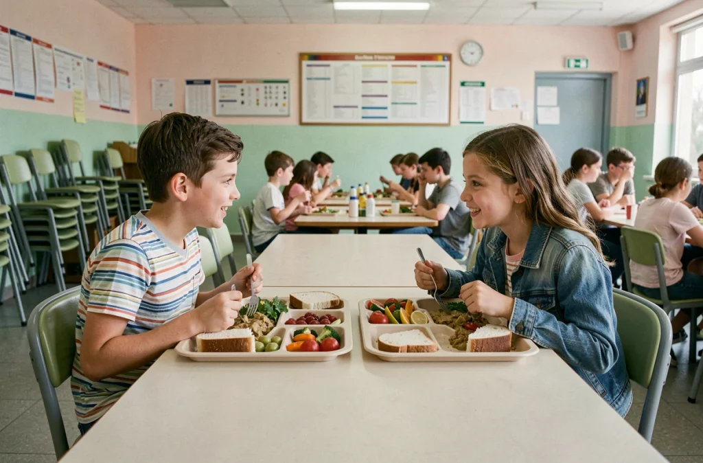 Enfants mangeant à la cantine scolaire d'une école primaire française