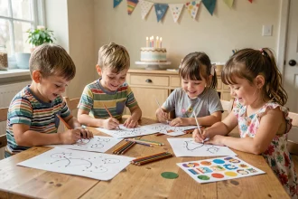 Enfants concentrés autour d'une table faisant des dessins à relier pour un anniversaire