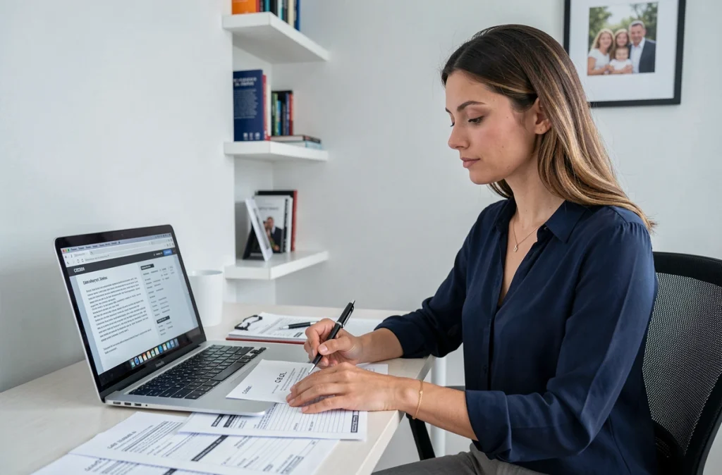 Femme consultant un modèle de lettre de temps partiel 80% sur ordinateur avec les documents CAF étalés sur son bureau