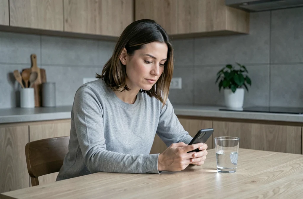 Femme seule dans une cuisine moderne, regardant son téléphone avec une expression pensive, illustrant la solitude face à la pression médiatique