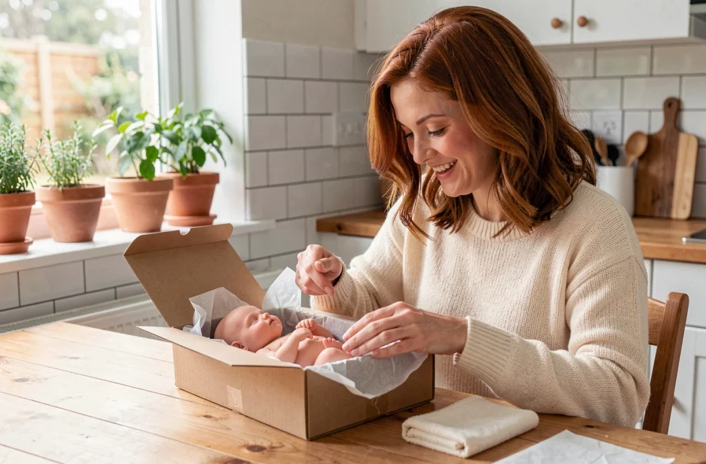 Femme découvrant et déballant un bébé reborn réaliste dans une boîte cadeau à une table de cuisine