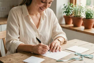 Femme écrivant un texte de carte de baptême à la main avec un stylo plume sur une table en bois