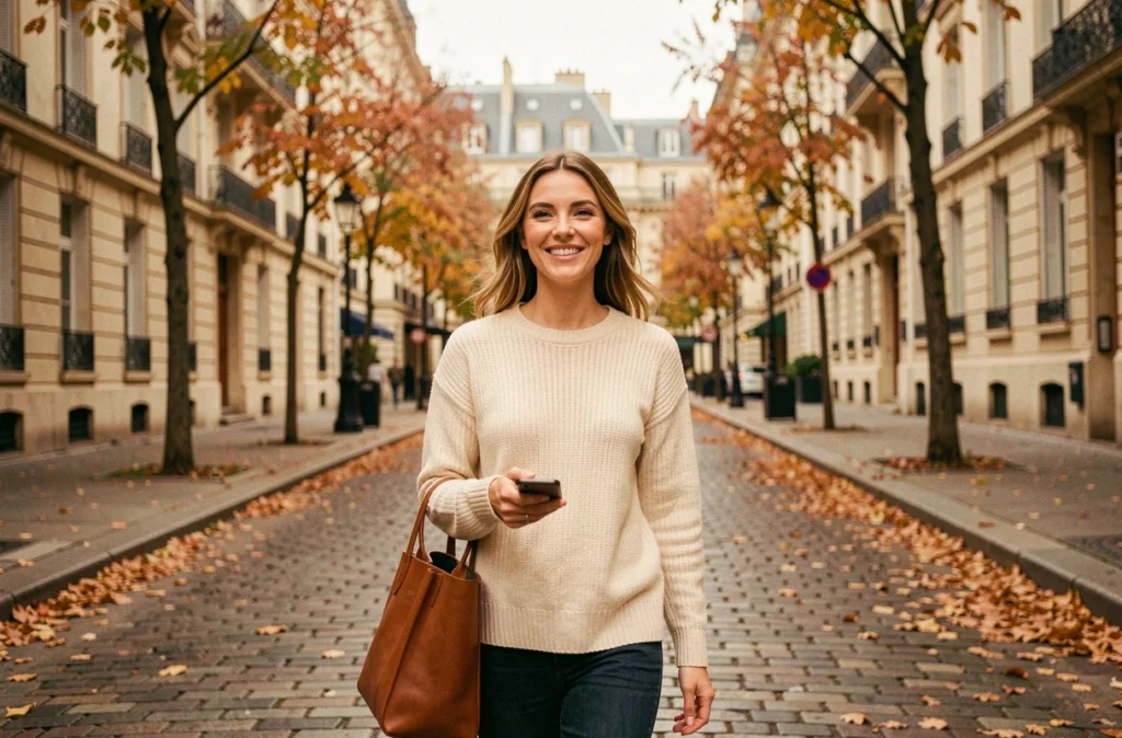 Femme épanouie se promenant dans une rue parisienne, symbole de l'influence de la vie personnelle sur la réussite professionnelle