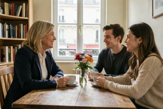 Femme politique française en conversation familiale avec ses enfants adultes autour d'une table dans un appartement parisien