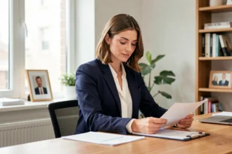 Femme professionnelle épanouie assise à son bureau, illustrant l'équilibre entre vie personnelle et carrière