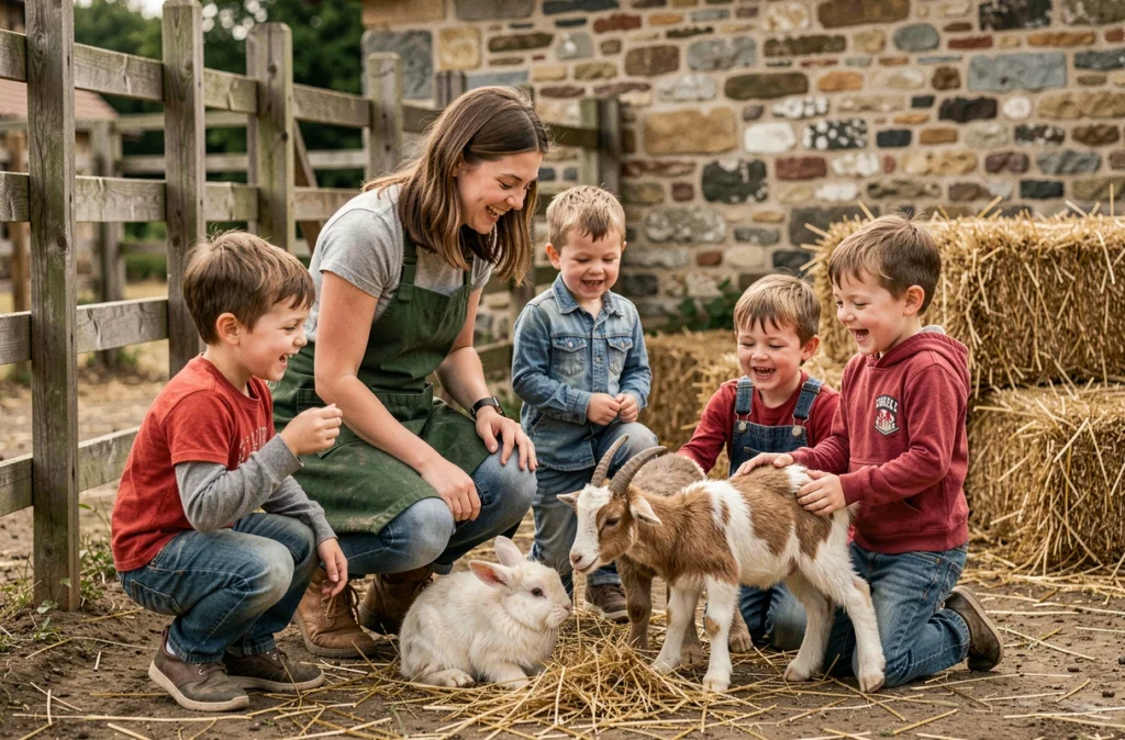 Animatrice pédagogique à la ferme Souchinet dans l'Aisne avec des enfants qui caressent des animaux lors d'un anniversaire