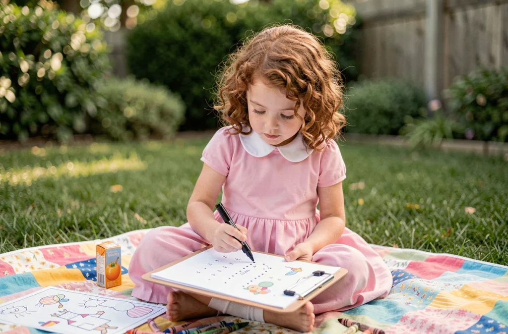 Petite fille en robe rose complétant un dessin à relier lors d'un goûter d'anniversaire en plein air