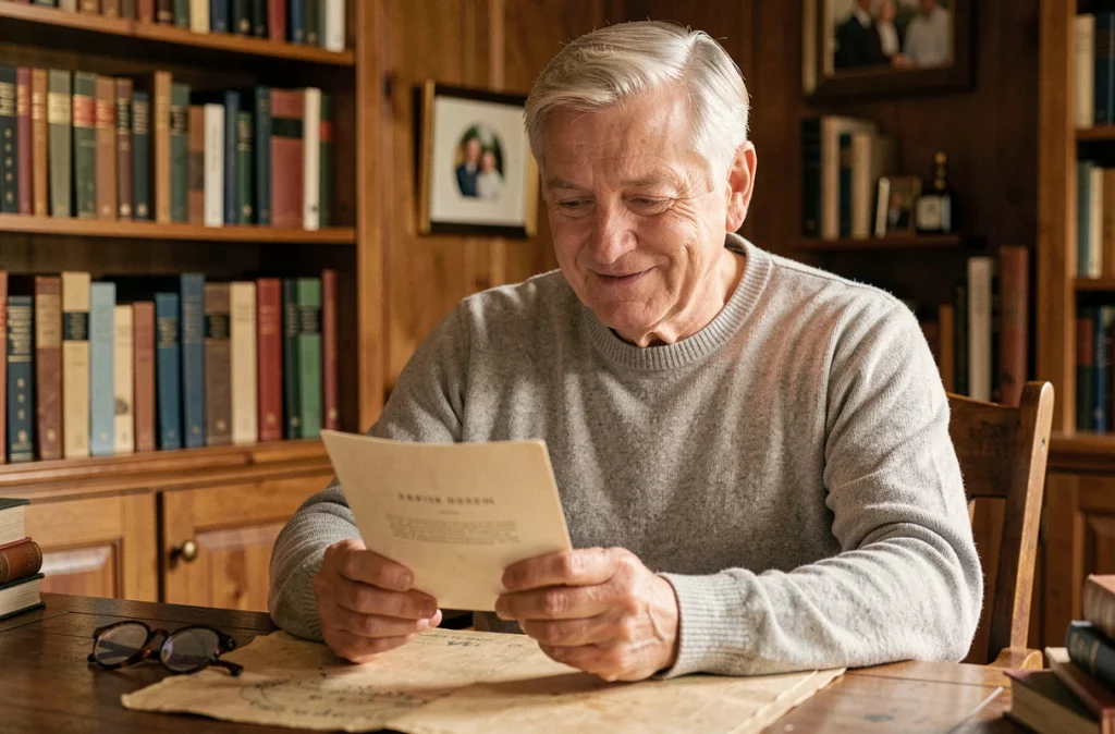 Grand-père lisant avec émotion un texte de carte de baptême assis à un bureau en bois dans une bibliothèque