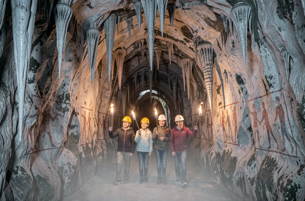 Famille explorant les grottes préhistoriques du Cerdon avec torches et casques