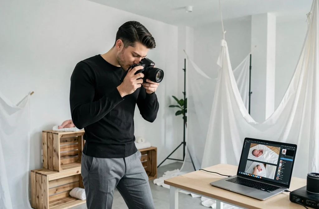 Hsko Content, créateur de contenu photo et vidéo naissance dans le Grand Est, filmant une séance nouveau-né avec stabilisateur caméra dans un studio contemporain