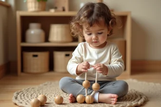 Petite fille de 2 ans qui enfile des perles en bois sur un lacet dans un espace Montessori naturel