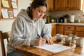 Jeune adulte qui remplit un justificatif de domicile à la table familiale